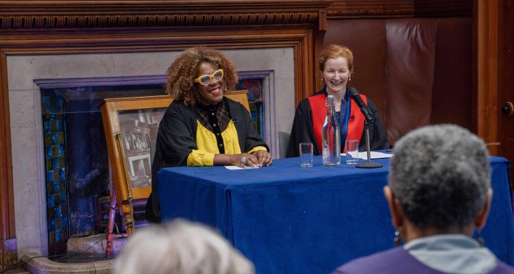 Errollyn Wallen (left) in conversation with the Mistress of Girton College, Dr Elisabeth Kendall (right)