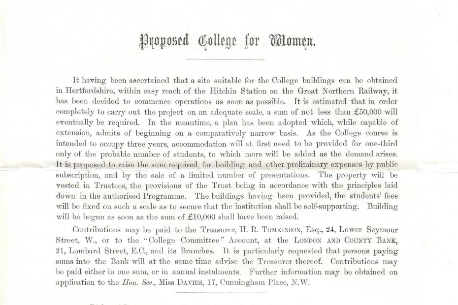 1-excerpt from early fundraising circular: ‘Proposed College for Women’ (wrongly dated 1872) 