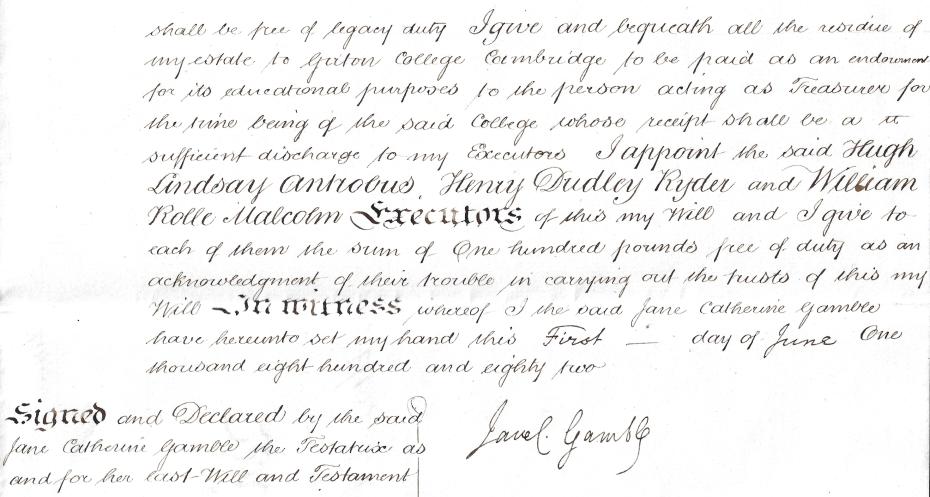 Excerpt from Jane Catherine Gamble’s will where she left the residue of her estate to Girton College, 1882 (archive reference: GCPP Gamble 2/20pt)