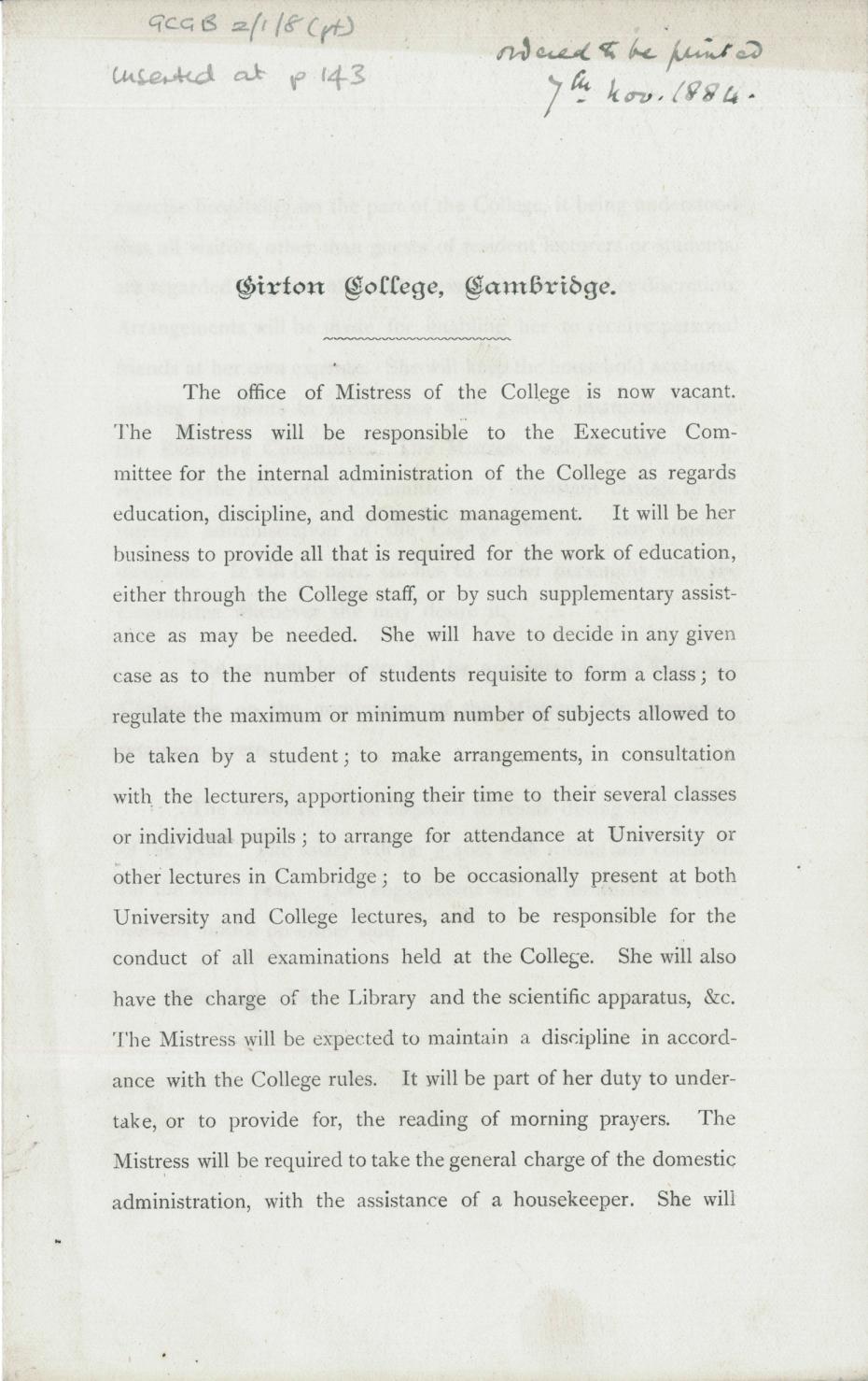 Printed duties of the Mistress, 1884 (archive reference: GCGB 2/1/8).