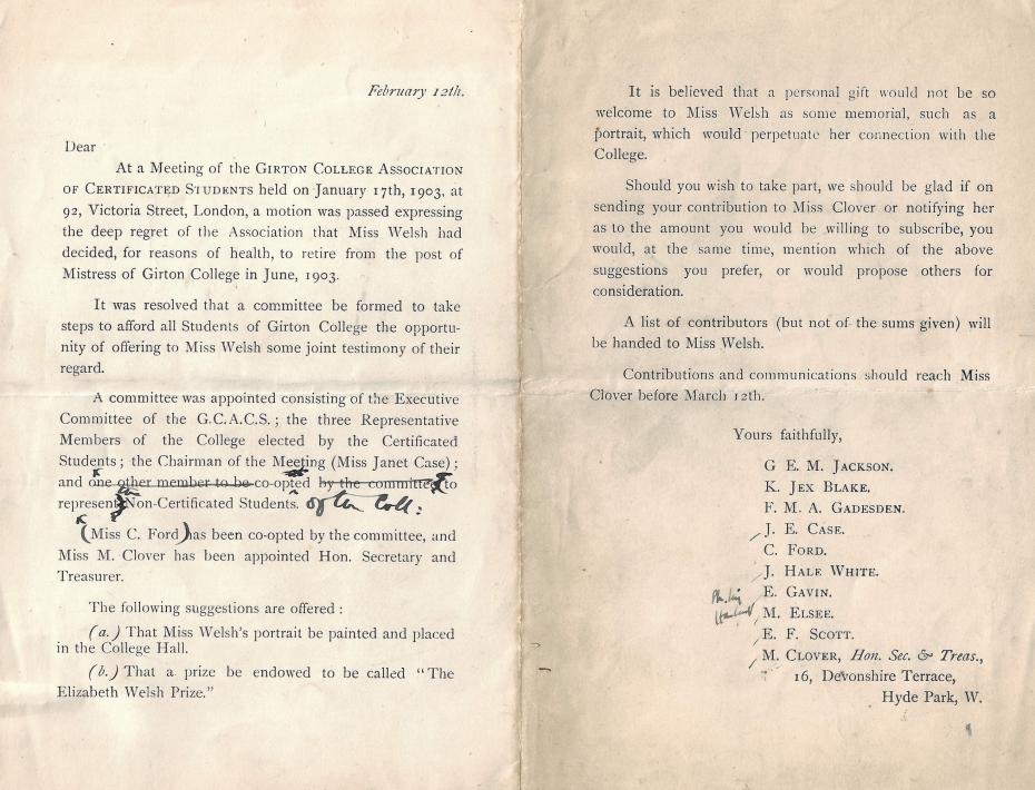 Circular letter asking for contributions to Elizabeth Welsh’s portrait fund, 1903 (archive reference: GCAS 1/3/1pt).