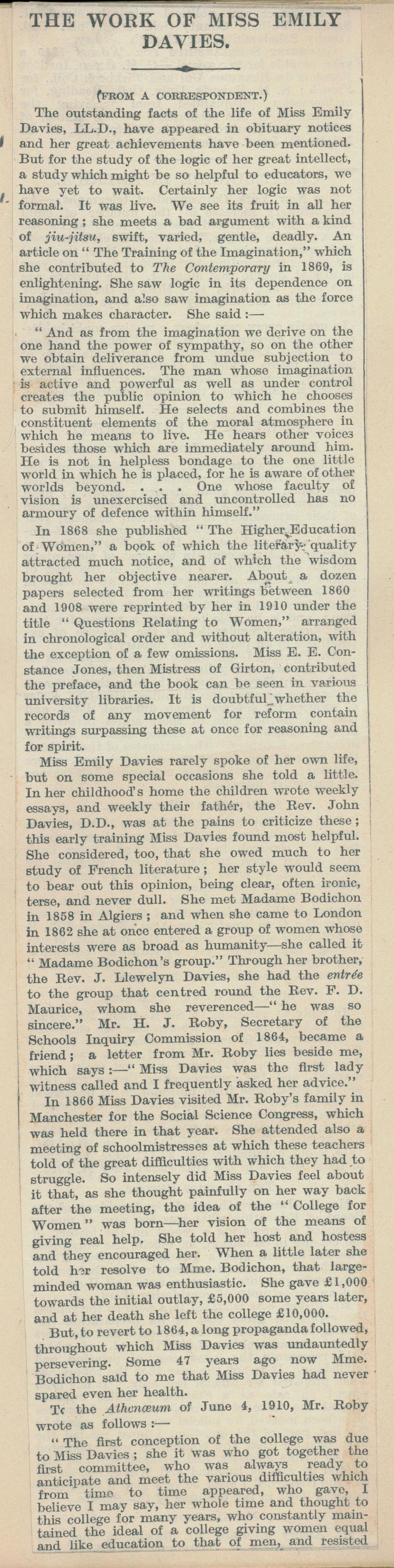 Caption: ‘The work of Miss Emily Davies’, from the Times Literary Supplement, 13 August 1921. This article illustrates Emily’s continuing interest in the College and its achievements right up to her death (archive reference: GCAS 2/6/1pt).