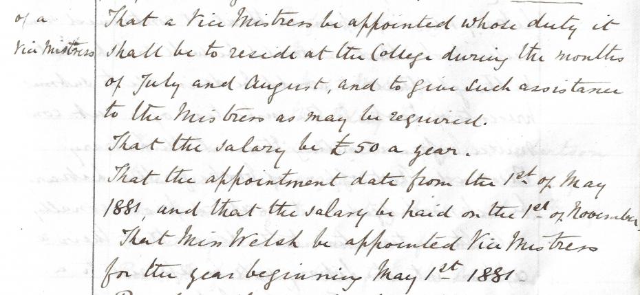 Elizabeth Welsh appointed as Vice-Mistress, from the Executive Committee minutes, 4 February 1881 (archive reference: GCGB 2/1/6pt). 