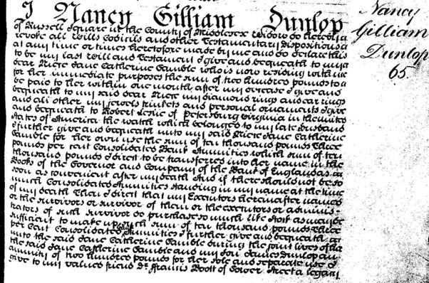 An extract from the will of Nancy Dunlop, signed by her in September 1845, proved  on 8 February 1847. The original is held by the PRO, London, (reference: PROB-11- 2050-92).