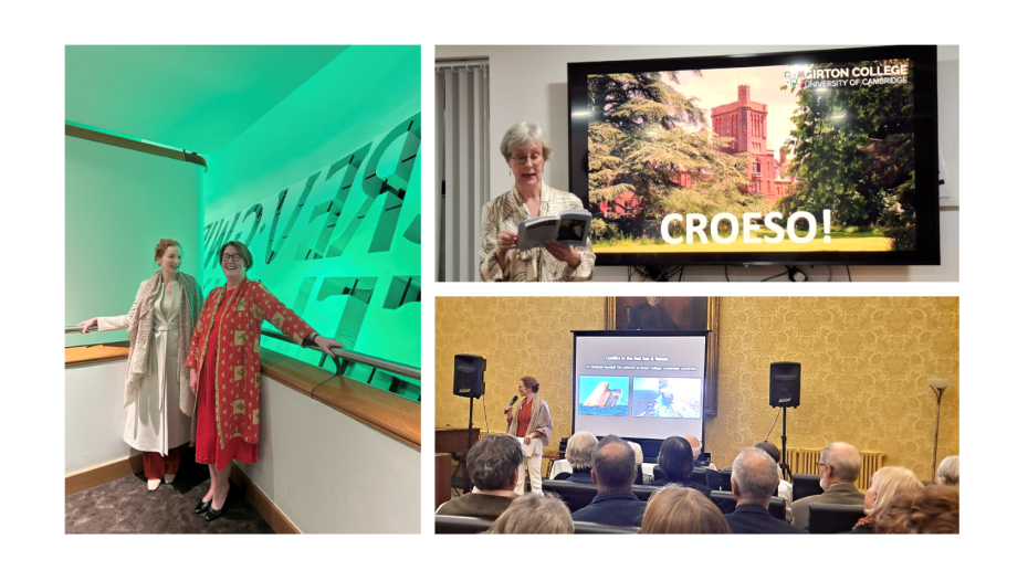 Three images from Bristol and Cardiff Events. The Mistress with Elwen Evans standing inside the Millennium Centre with the backdrop lit up in green. Image 2 is Gwyneth Lewis reading a poem.  Image 3 is the Mistress delivering her talk.